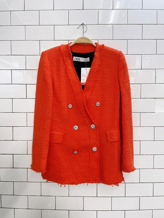 zara orange tweed gem button blazer