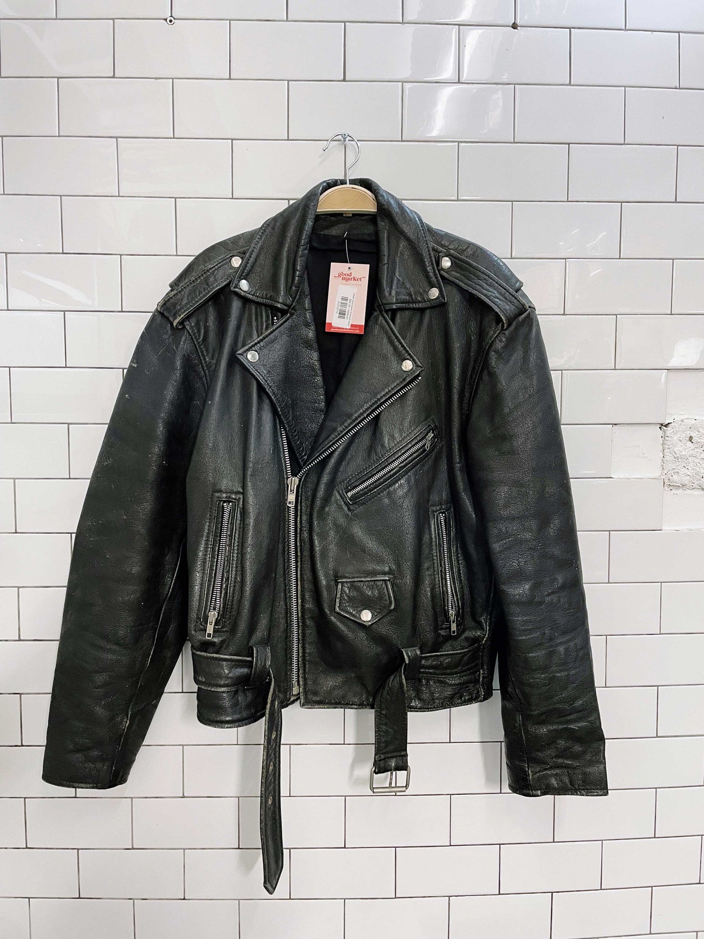 vintage heavy leather motorcycle jacket