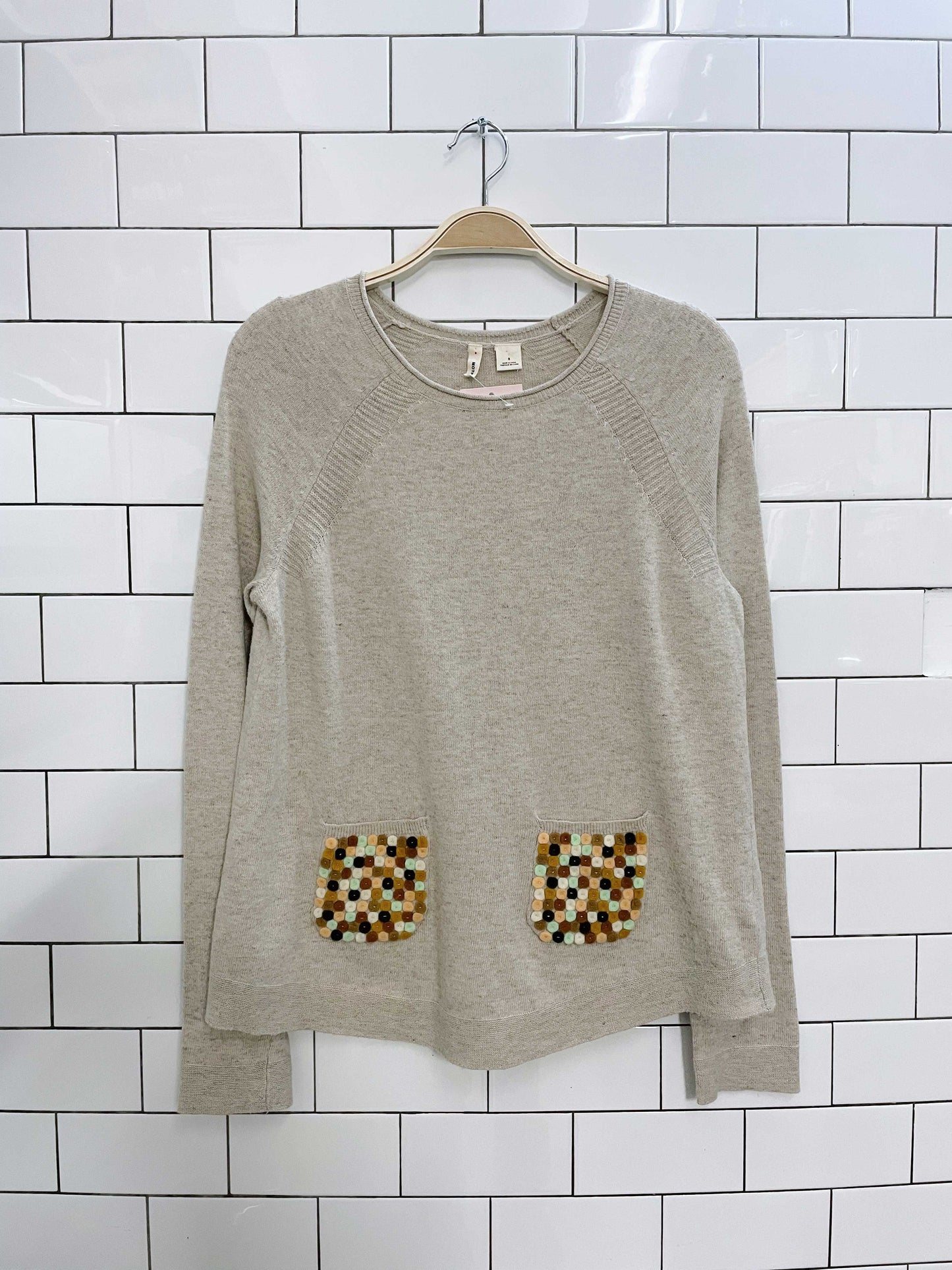 moth felt dot pockets crew neck sweater