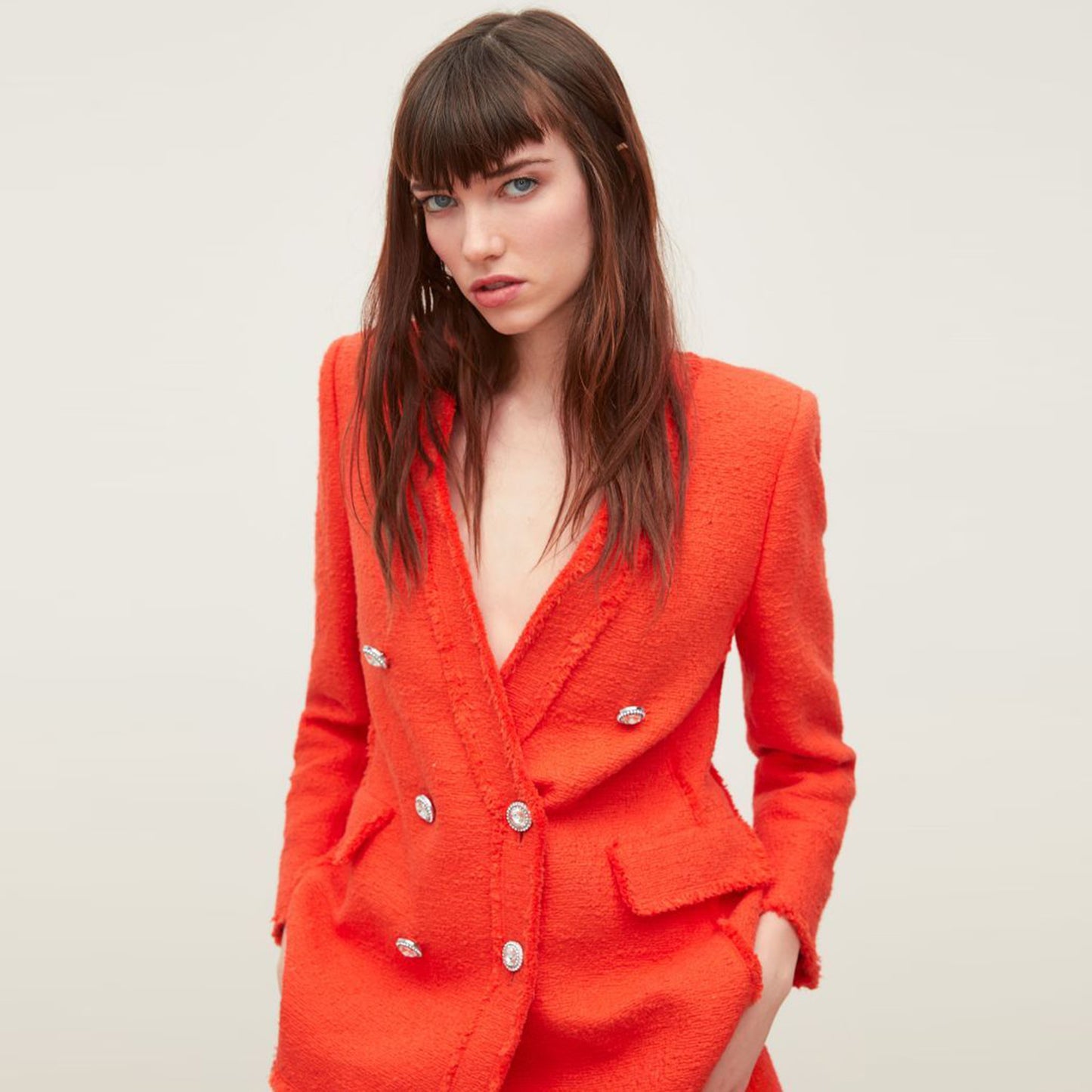 zara orange tweed gem button blazer