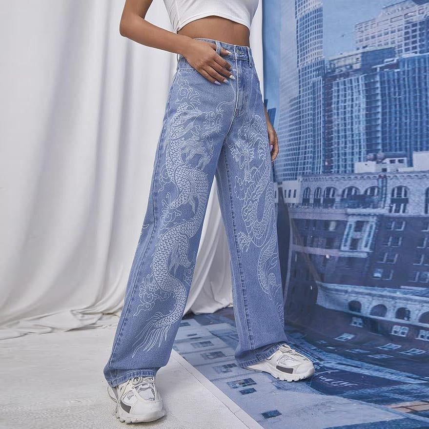 y2k dragon print wide leg jeans