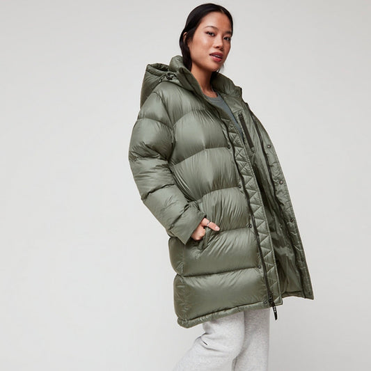 tna super puff sage green mid-length coat