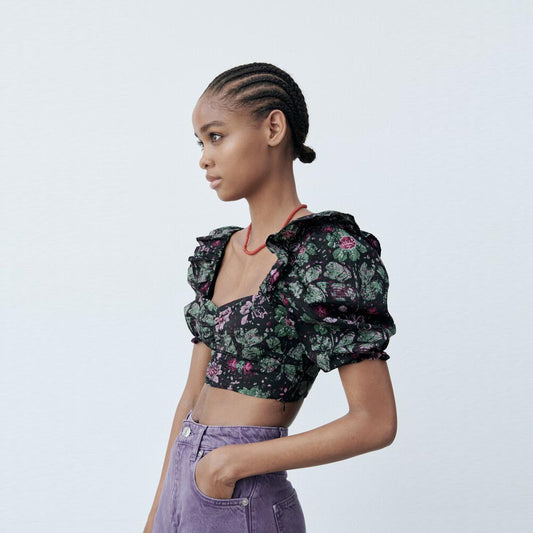 nwot zara puff sleeve floral crop top