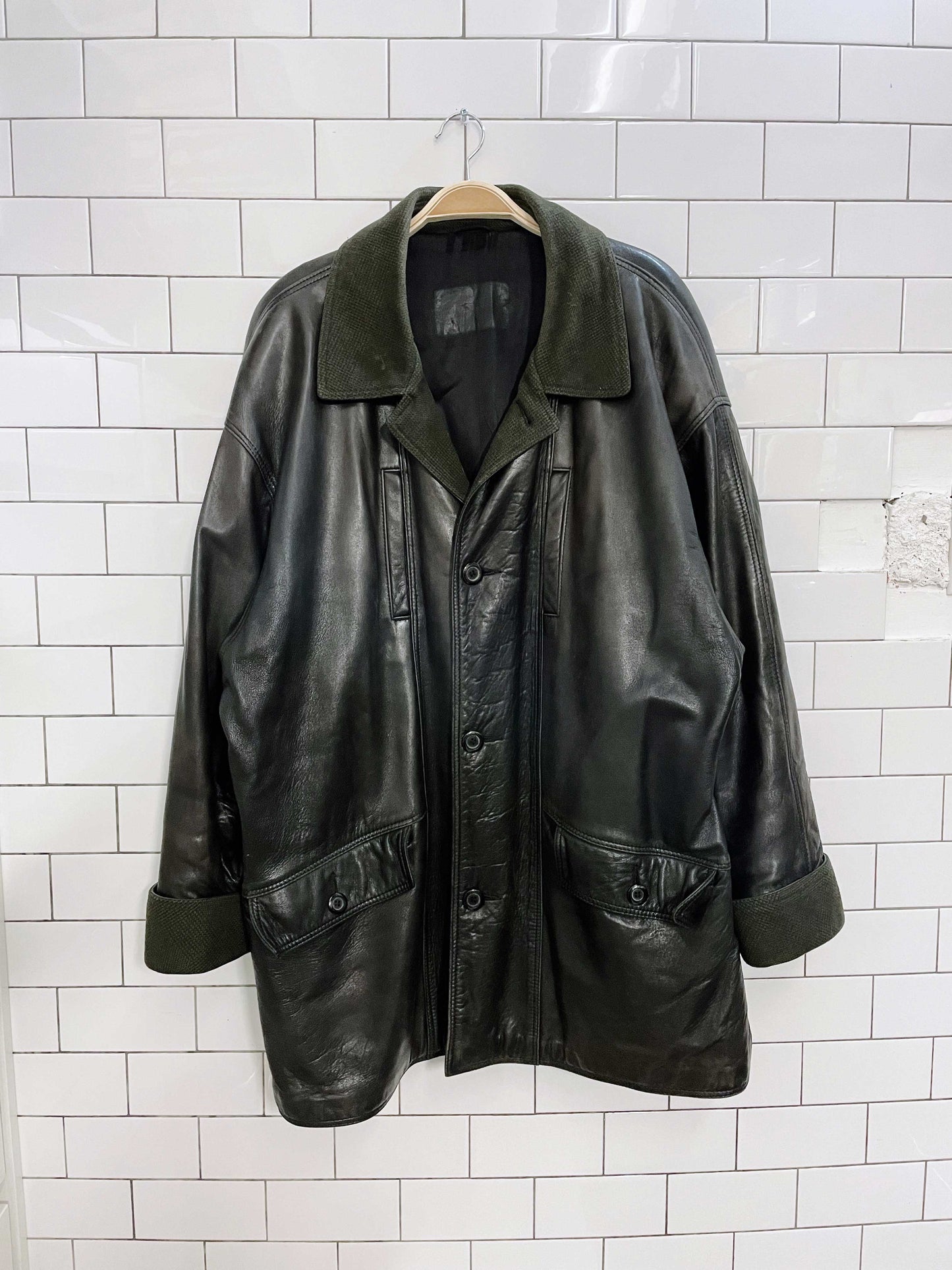 vintage andré leather coat with wool trim