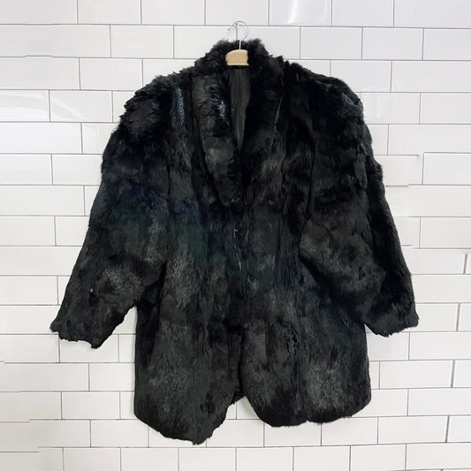 vintage 80s power shoulder rabbit fur coat