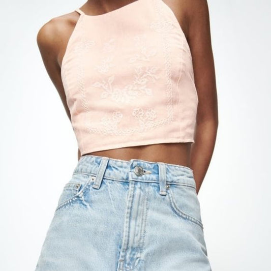 nwot zara peach embroidered halter top