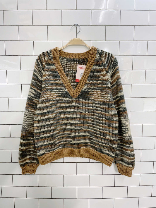 hand-knit blue-brown v-neck sweater