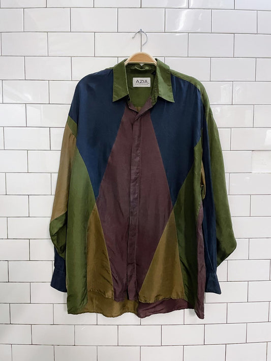 vintage aziz 100% silk colour block shirt