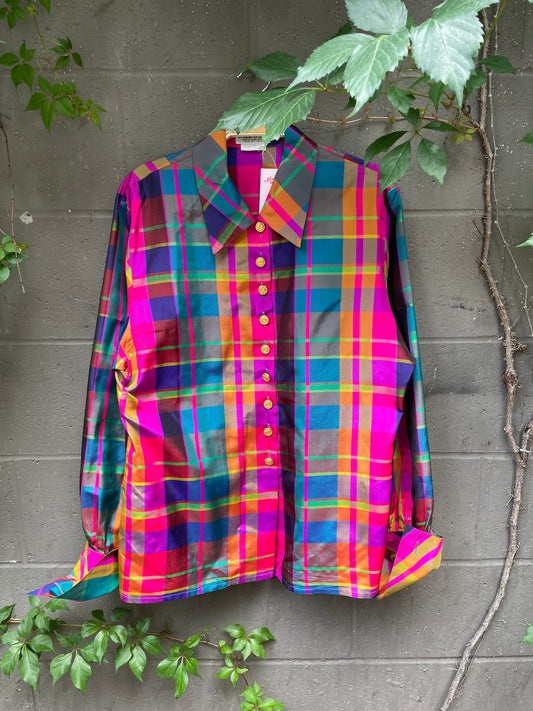 vintage jaeger 100% silk fuschia tartan french cuff blouse