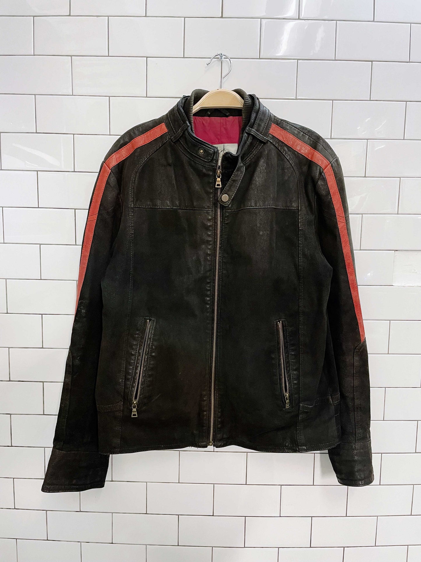 blink leather racing stripe moto jacket