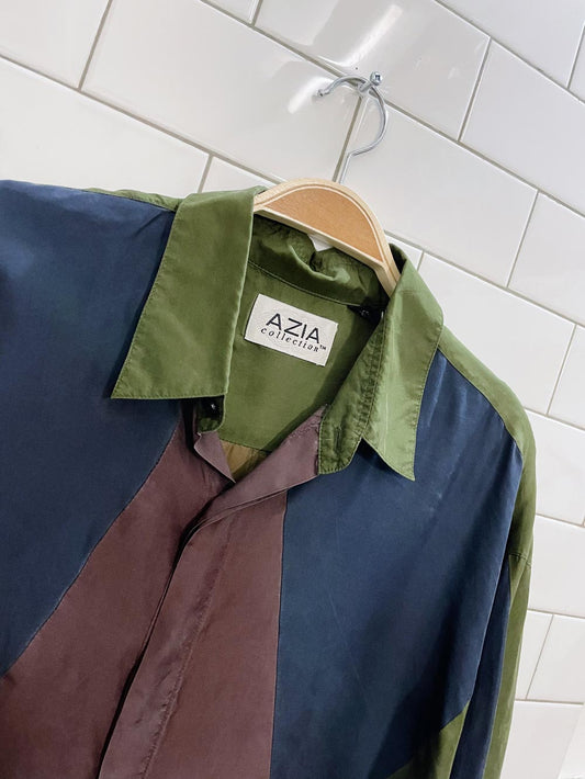 vintage aziz 100% silk colour block shirt