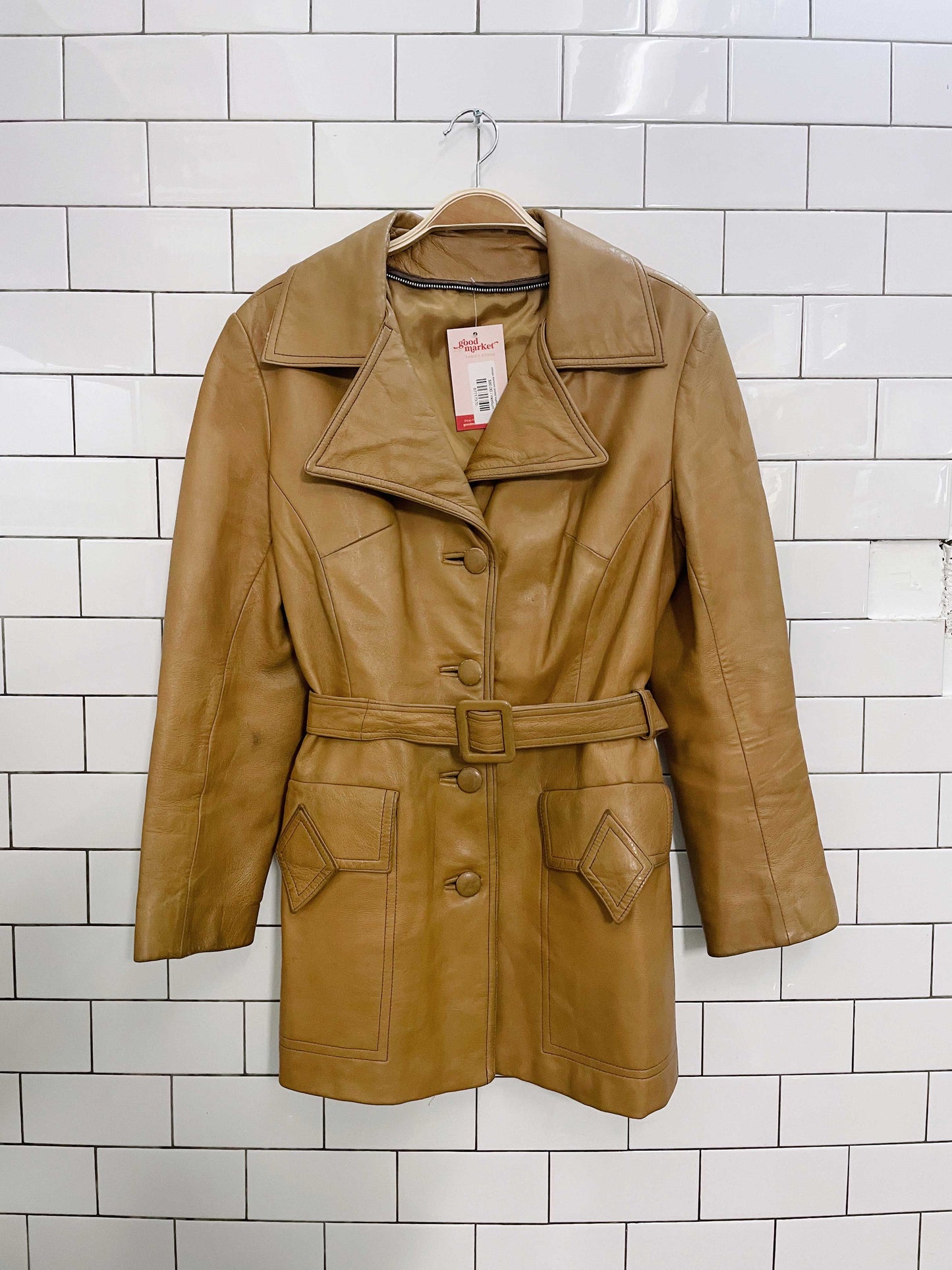 vintage diamond pocket leather short trench