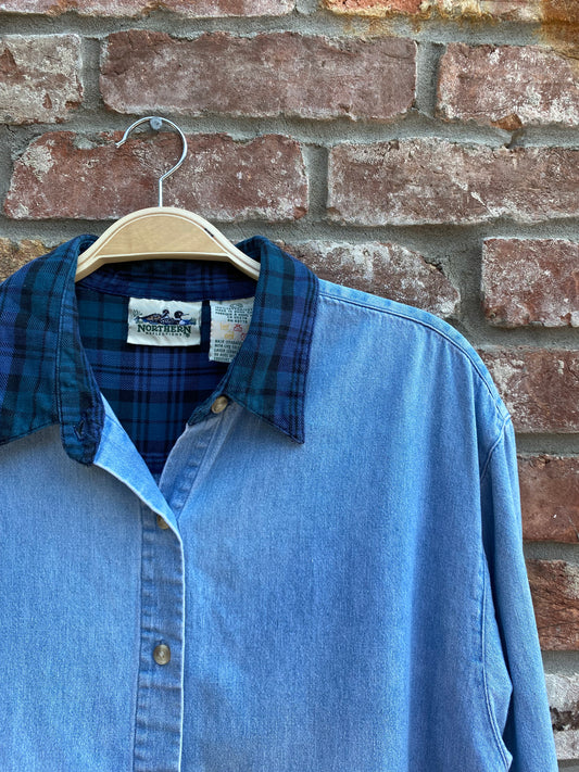 vintage northern reflections plaid trim denim shirt