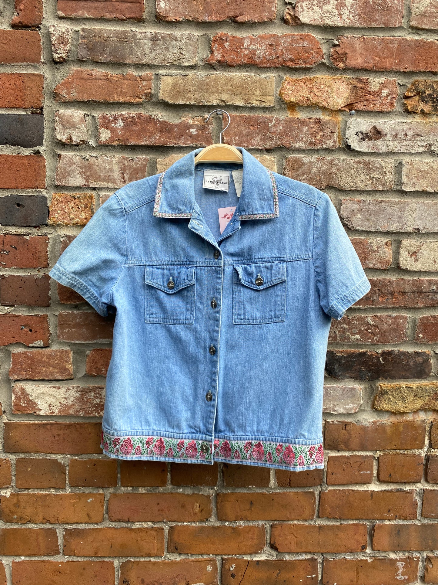 vintage 90s floral ribbon trim denim shirt