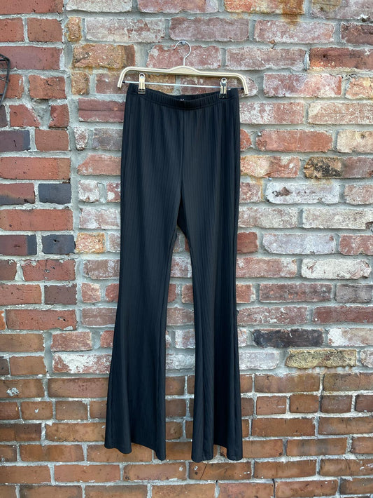 shiny ribbed flare leg pull on comfort pants