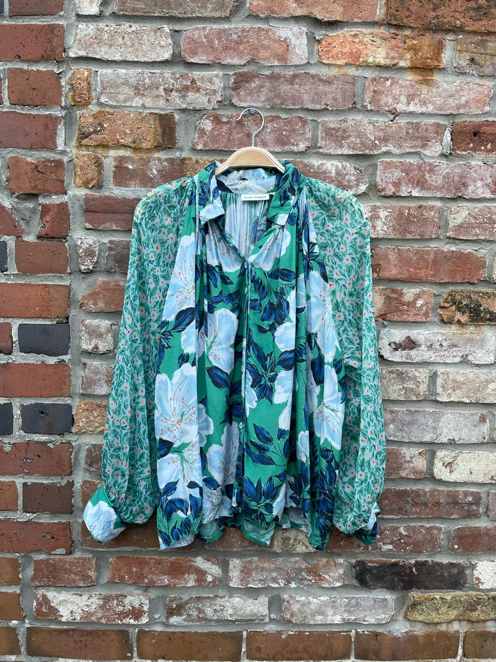 anthro roller rabbit green floral contrast blouse