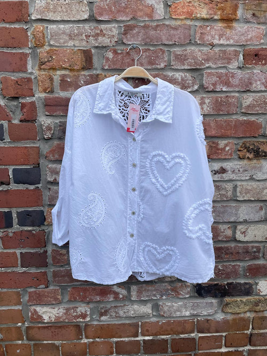 femme fatale tufted heart embroidered paisley shirt