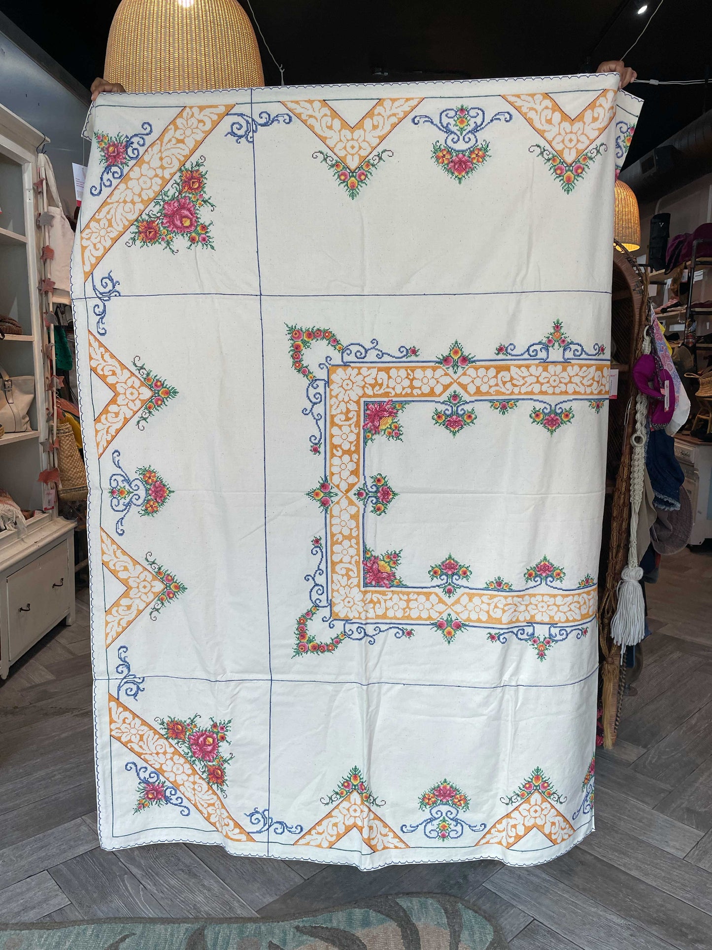 vintage cross stitch xl rectangle tablecloth