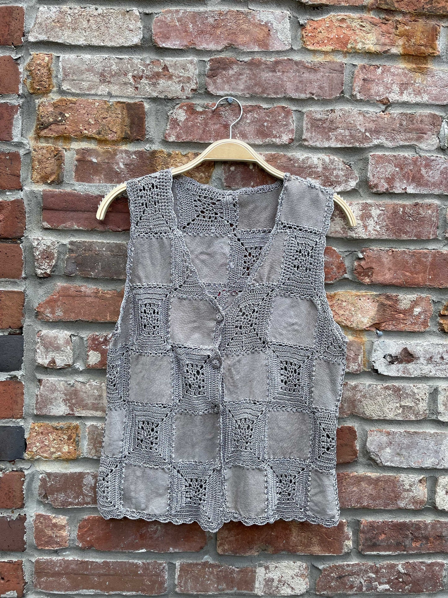 vintage 70s crochet suede patchwork vest