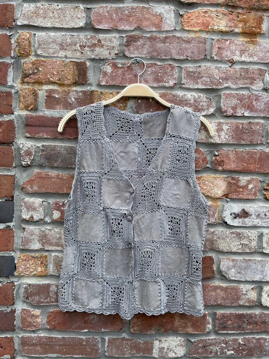 vintage 70s crochet suede patchwork vest