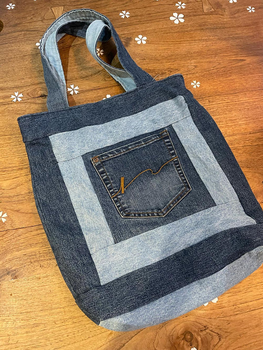 handmade denim patchwork tote bag