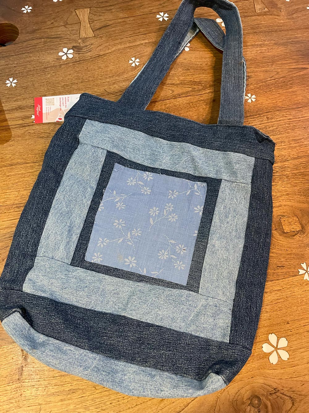 handmade denim patchwork tote bag