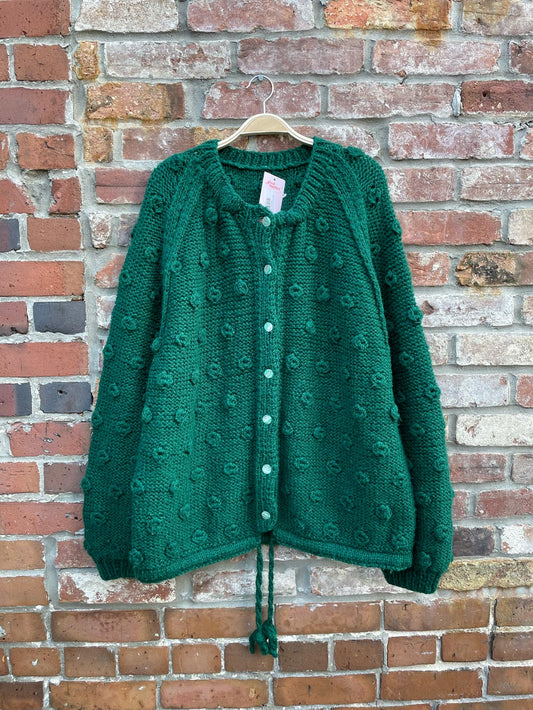 vintage hand-knit pom drawstring hem cardigan