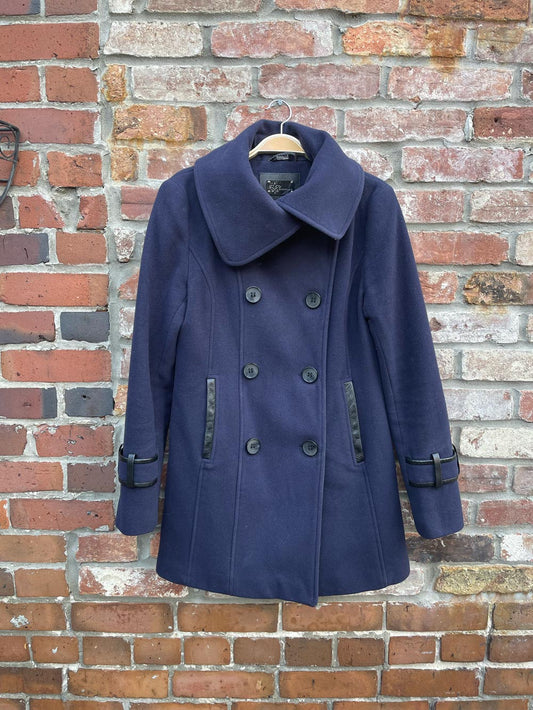 mackage wool cashmere pea coat with leather trim