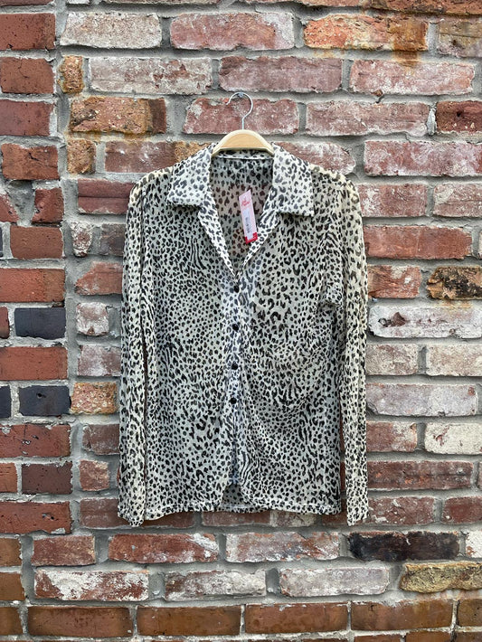 snow leopard print mesh button down