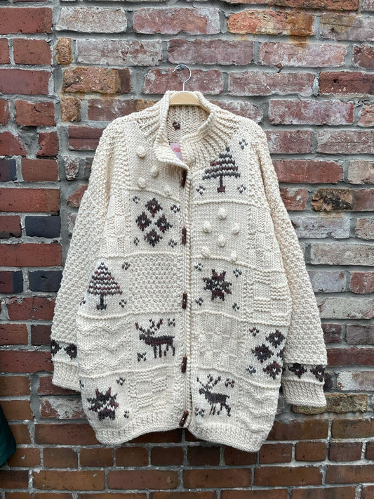 vintage hand-knit cottage moose cardigan jacket