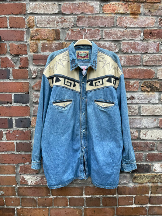 vintage 90s shooter roper snap button denim shirt