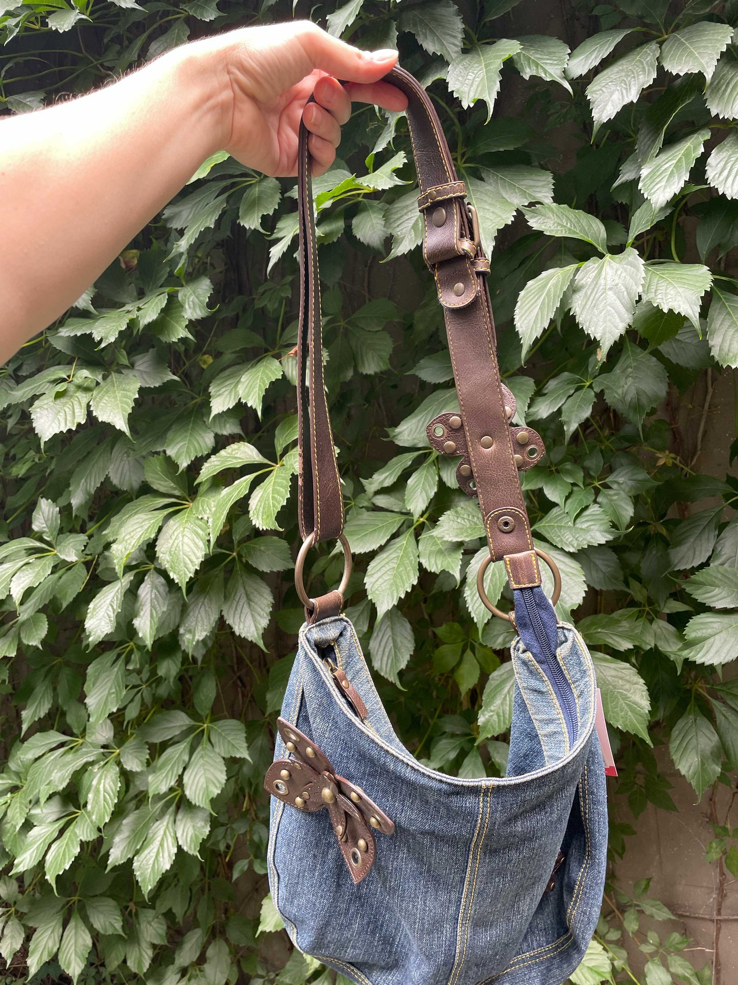 y2k denim + faux leather flower shoulder bag