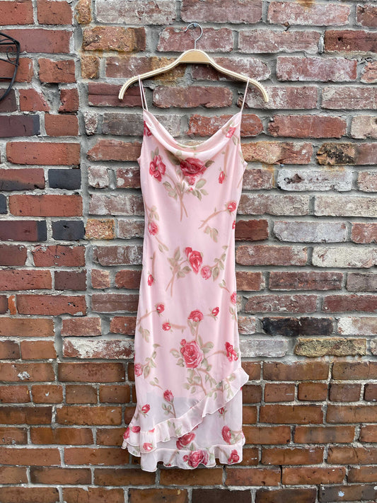 y2k xoxo cowl neck chiffon rose midi dress