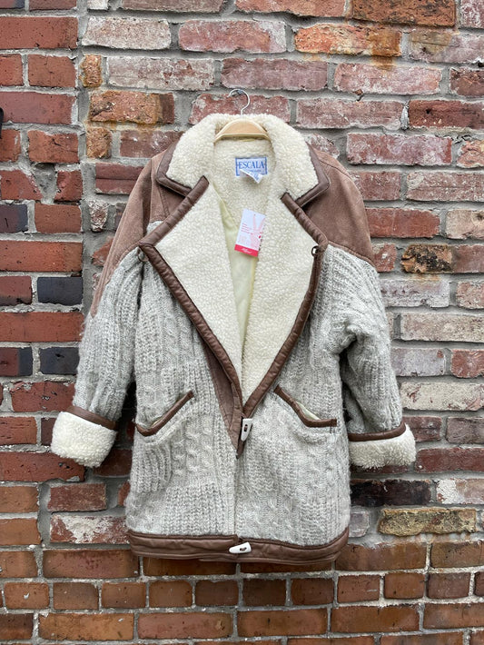 vintage escala oversized cable knit sherpa lined suede coat