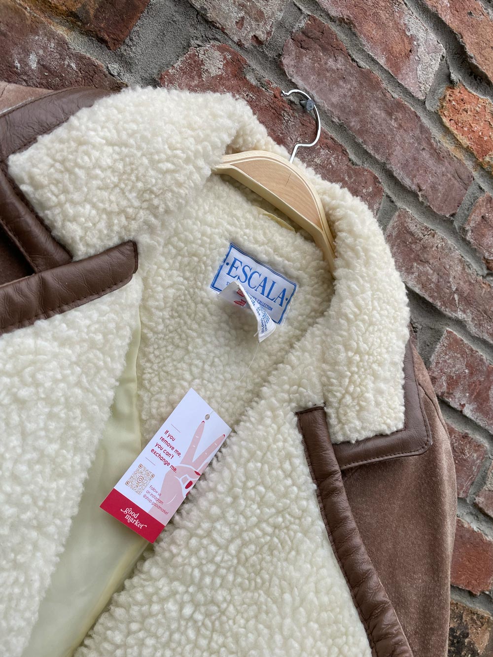 vintage escala oversized cable knit sherpa lined suede coat