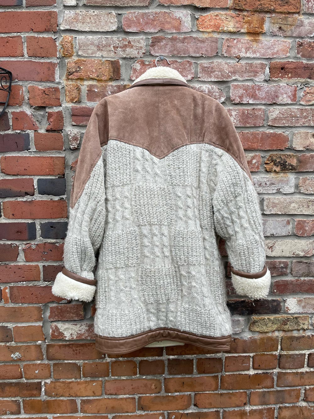 vintage escala oversized cable knit sherpa lined suede coat