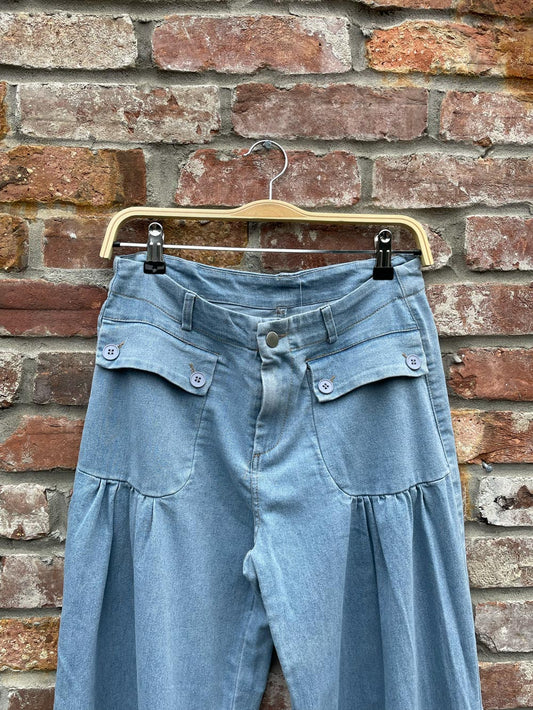 denim pleated pocket parachute pants