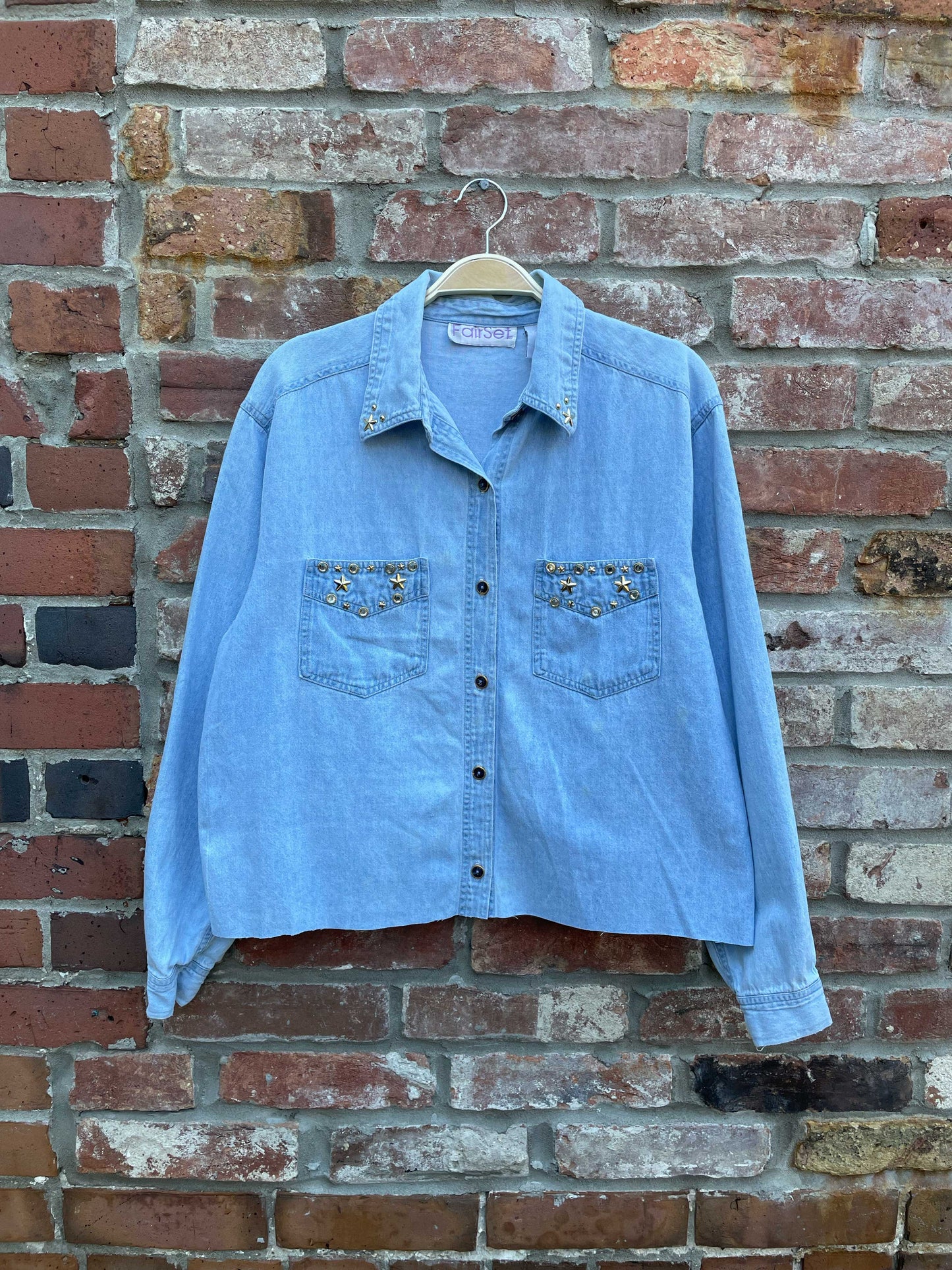 vintage 90s fair set bedazzled crop denim shirt