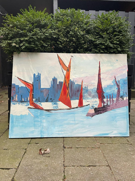 vintage abstract boats on water w skyline patinting