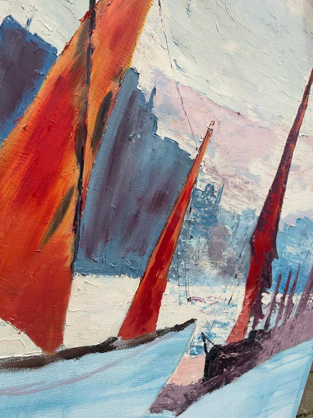 vintage abstract boats on water w skyline patinting