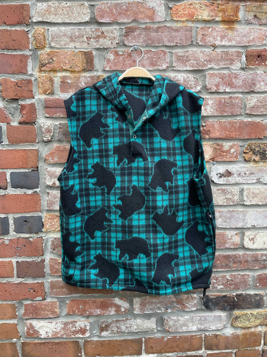 vintage bears check fleece sleeveless hoodie