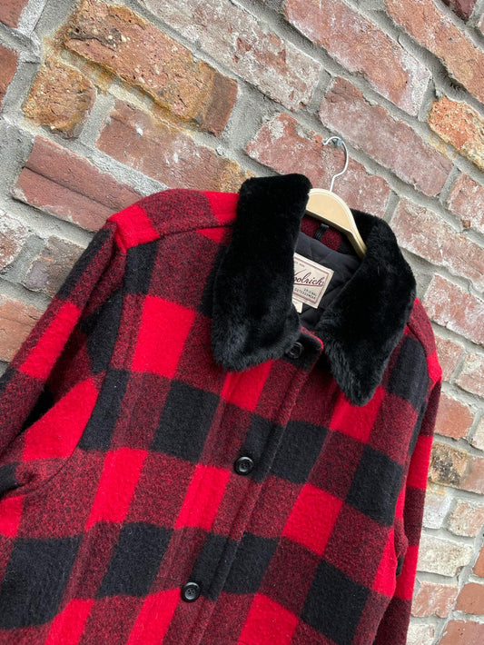 vintage woolrich buffalo plaid wool faux fur collar coat