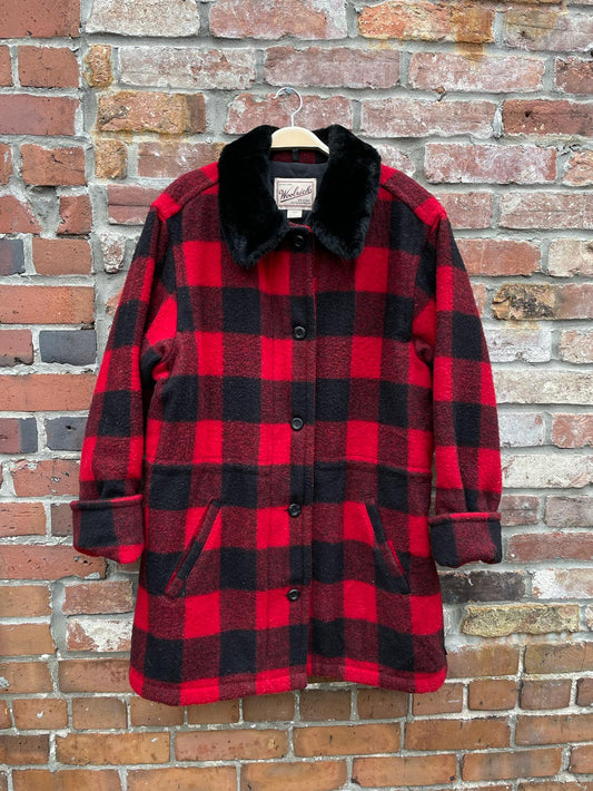 vintage woolrich buffalo plaid wool faux fur collar coat