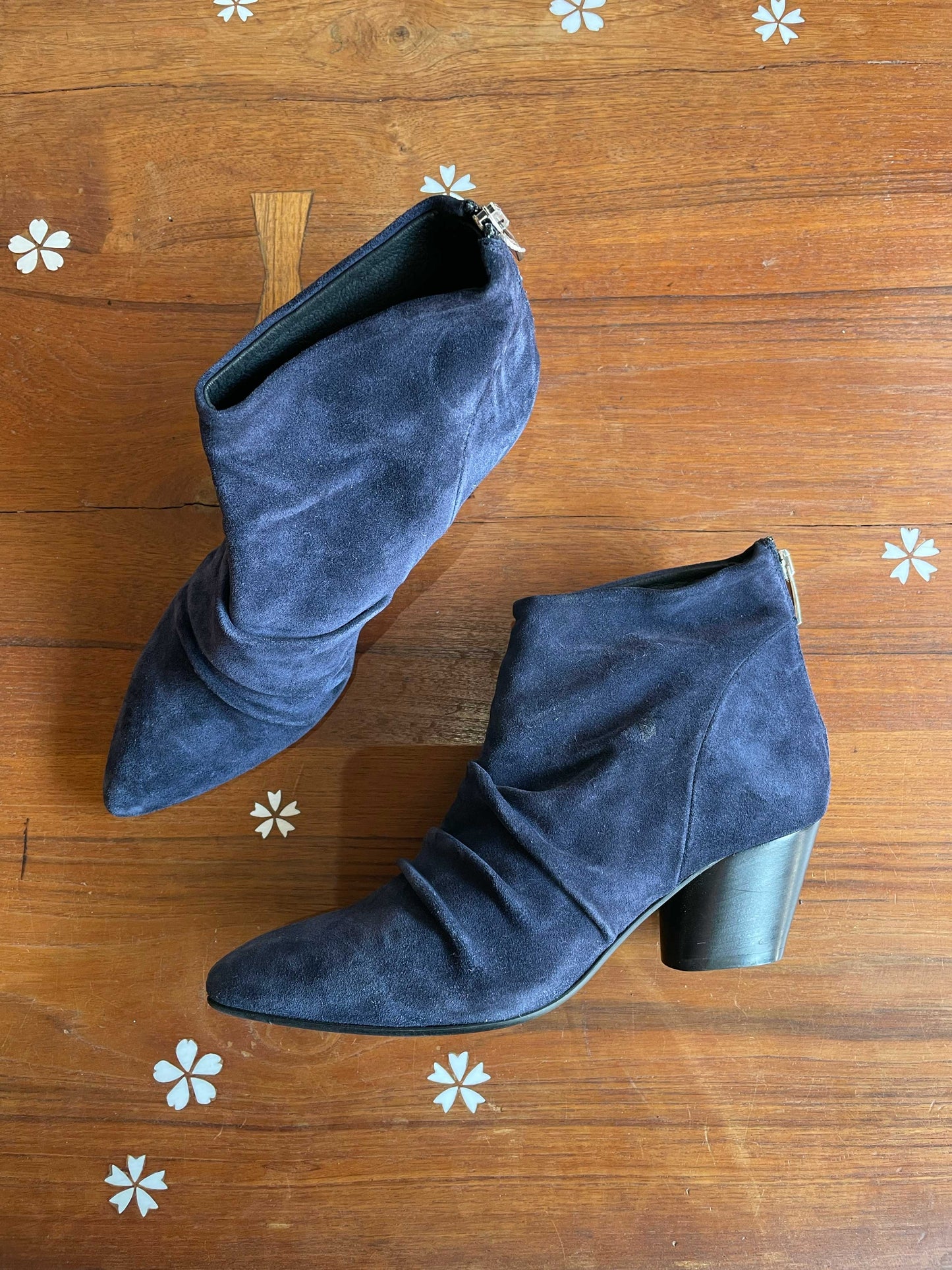 ron white blue suede ruched heeled boots