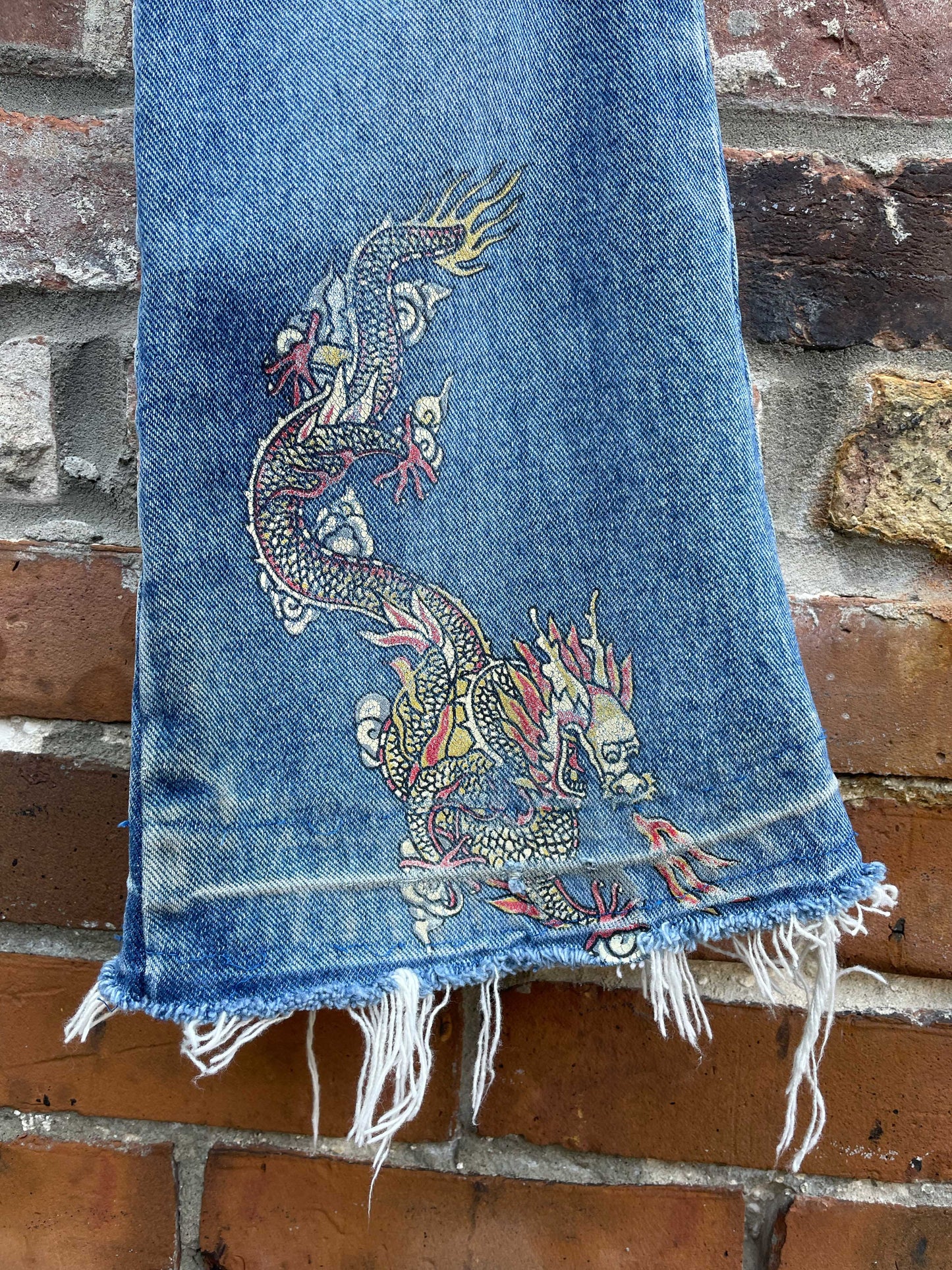 y2k santa barbara dragon flare leg jeans