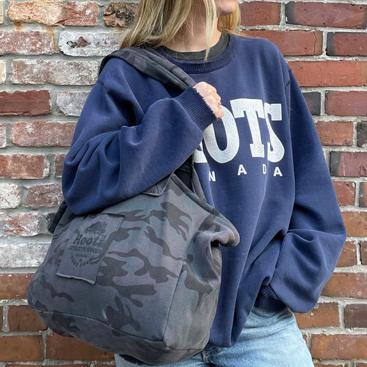 roots upcycled camo logo tote bag