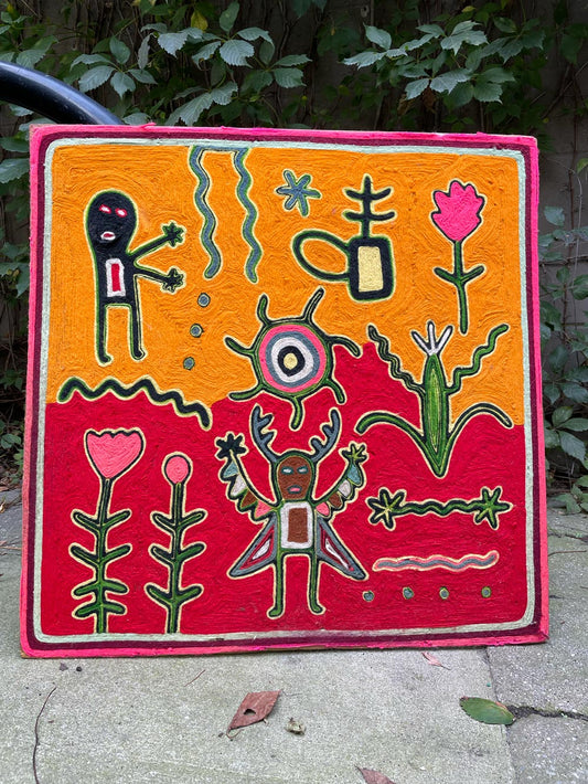 vintage 70s huichol birth of the sun yarn painting