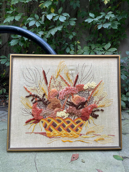 vintage 70s tufted needlepoint basket art