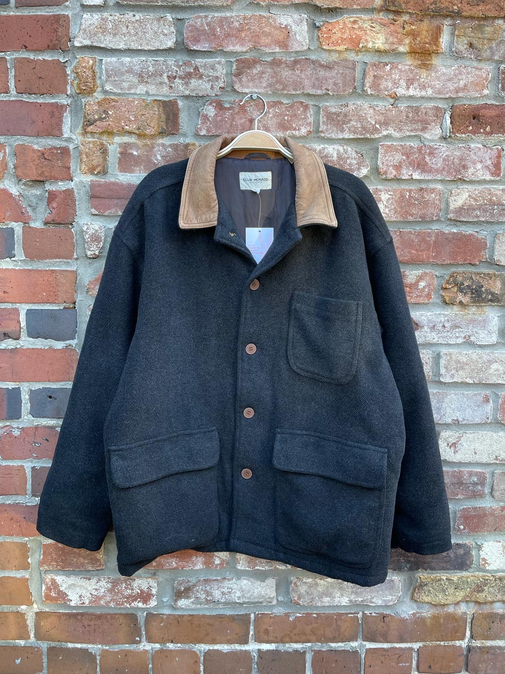 vintage club monaco leather collar wool barn coat