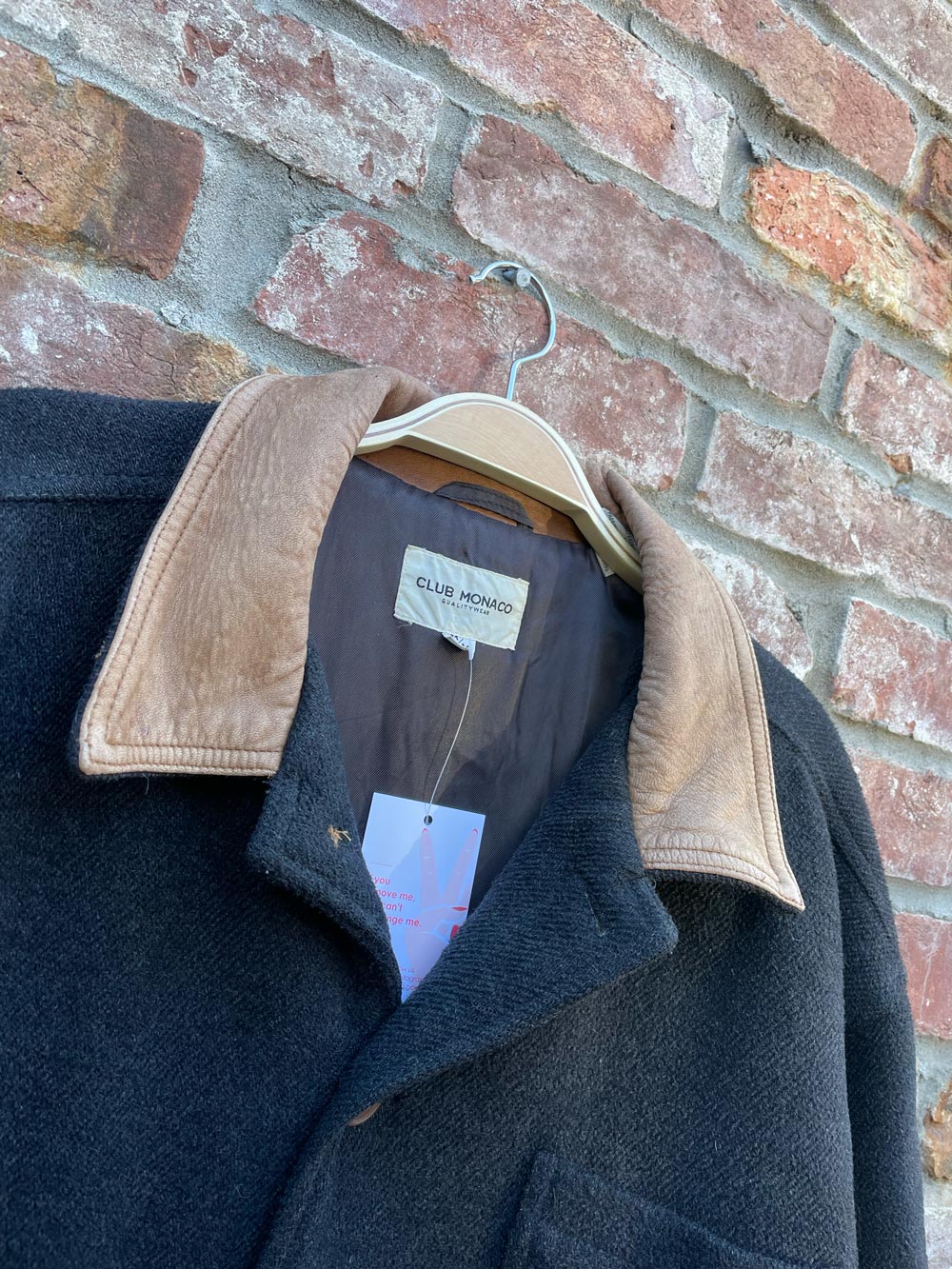 vintage club monaco leather collar wool barn coat